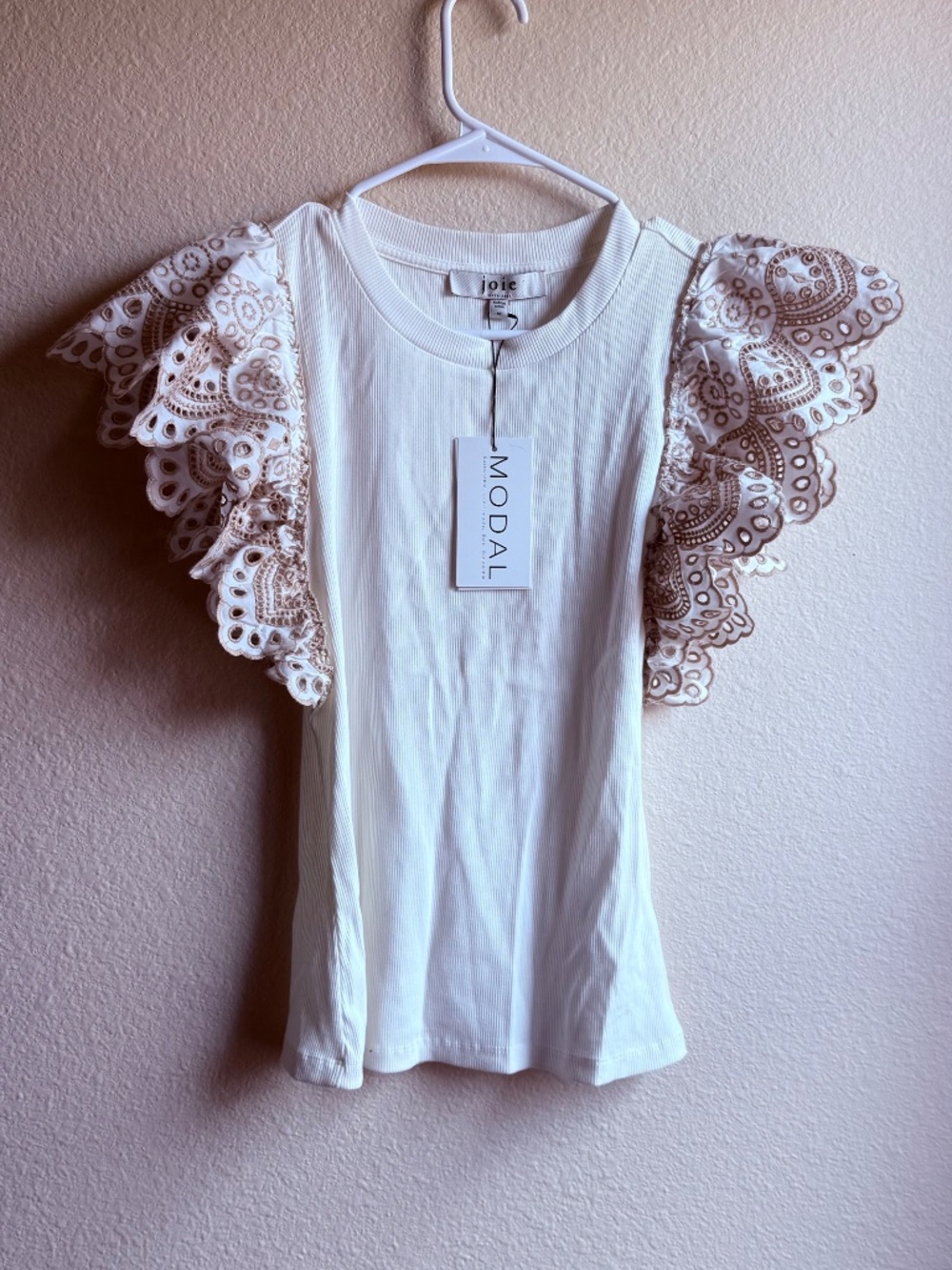 NWT Joie Ivory White Ribbed Knit Eyelet Flutter Sleeve Top Size XS NWT